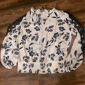 WHBM Floral Print Blouse with cut-out and crochet detail.  Size M.  Like new